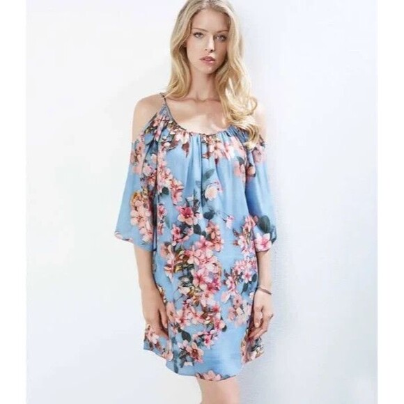 Women's KAREN KANE Blue Floral Fresco Cold Shoulder Viscose Dress Medium - Picture 1 of 7